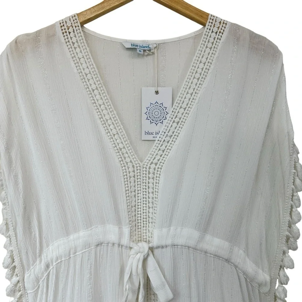 Blue Island Summer Sleeveless Swim Dress Coverup, White, Medium